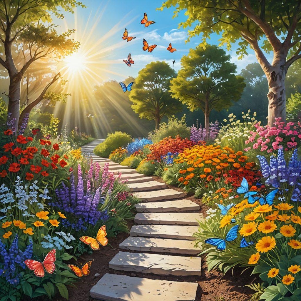 A whimsical pathway winding through a vibrant landscape filled with colorfully painted flowers, smiling sun, and playful butterflies. Diverse people of various ages are engaging in joyful activities like dancing, painting, and chatting. A large, uplifting signpost labeled 'Paths to Elation' stands at the center, surrounded by radiant beams of sunlight. This scene symbolizes happiness and creativity. super-realistic. vibrant colors. white background.