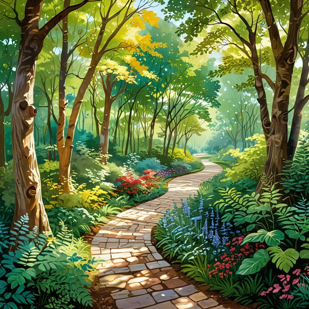 A serene landscape featuring a winding path leading through a vibrant forest, with subtle signs of personalized milestones like color-coded markers representing unique strategies for happiness. A diverse group of people joyfully interacts along the path, engaging in various activities that symbolize fulfillment and bliss. Soft sunlight filters through the leaves, casting a warm glow on the scene. Illustrative style with bright colors. whimsical and inspiring.