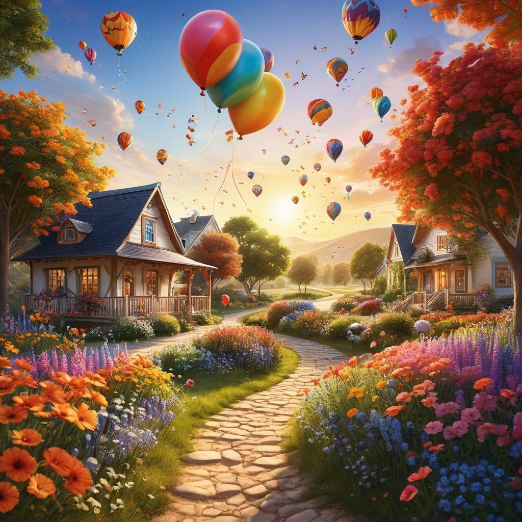 A whimsical landscape featuring a person joyfully crafting their own unique happiness, surrounded by vibrant flowers, colorful balloons, and cheerful animals. The scene captures the essence of personalized journey with elements like a winding pathway leading to different joyful experiences. Warm sunlight bathes the area, creating a soft glow and uplifting atmosphere. playful elements such as butterflies and kites enhance the cheerfulness vibe. super-realistic. vibrant colors. 3D.